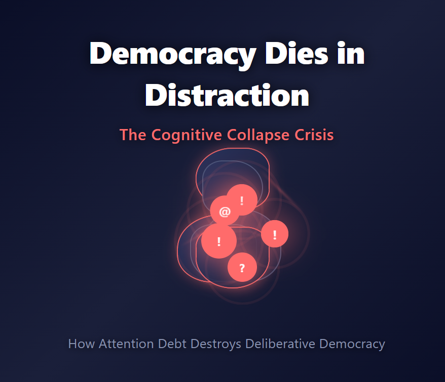 Attention debt causes cognitive collapse and democratic failure - fragmented mind visualization