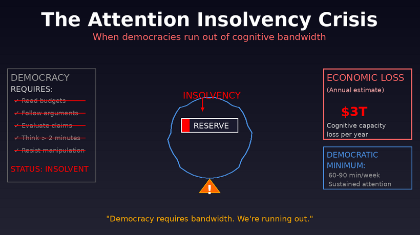 Brain diagram showing depleted cognitive reserve meter with democracy requirements crossed out and $3 trillion economic loss from attention insolvency