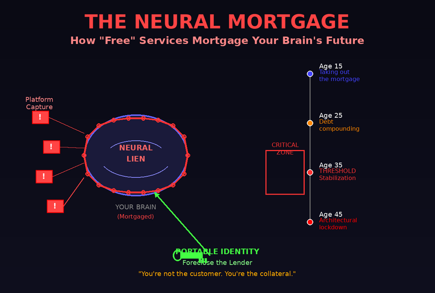 Neural mortgage visualization showing brain with chains and age threshold timeline around 35