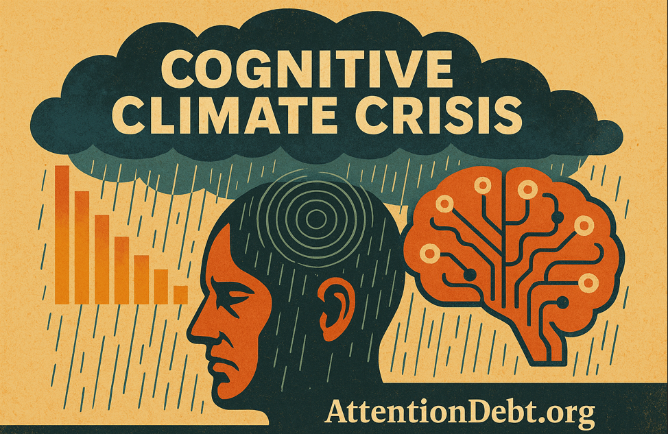 Cognitive Climate Crisis illustration showing human head with storm clouds, declining bar chart representing attention capacity loss, and neural network brain symbolizing 2007-2025 atmospheric degradation