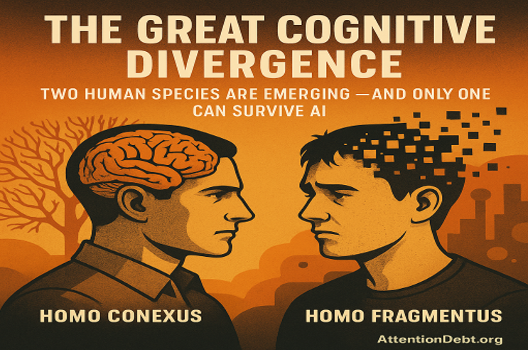 Homo Conexus with sustained attention brain vs Homo Fragmentus with fragmented cognition - cognitive speciation illustration