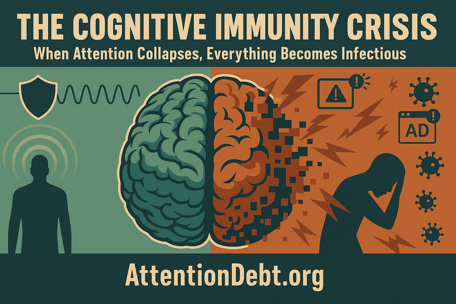 Cognitive and biological immune system collapse from attention fragmentation - immune load visualization illustration