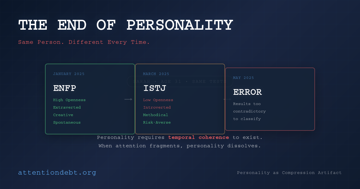 Three personality test results for same person showing complete contradictions: ENFP in January, ISTJ in March, ERROR in May - visualizing how temporal coherence collapse makes personality structurally unmeasurable