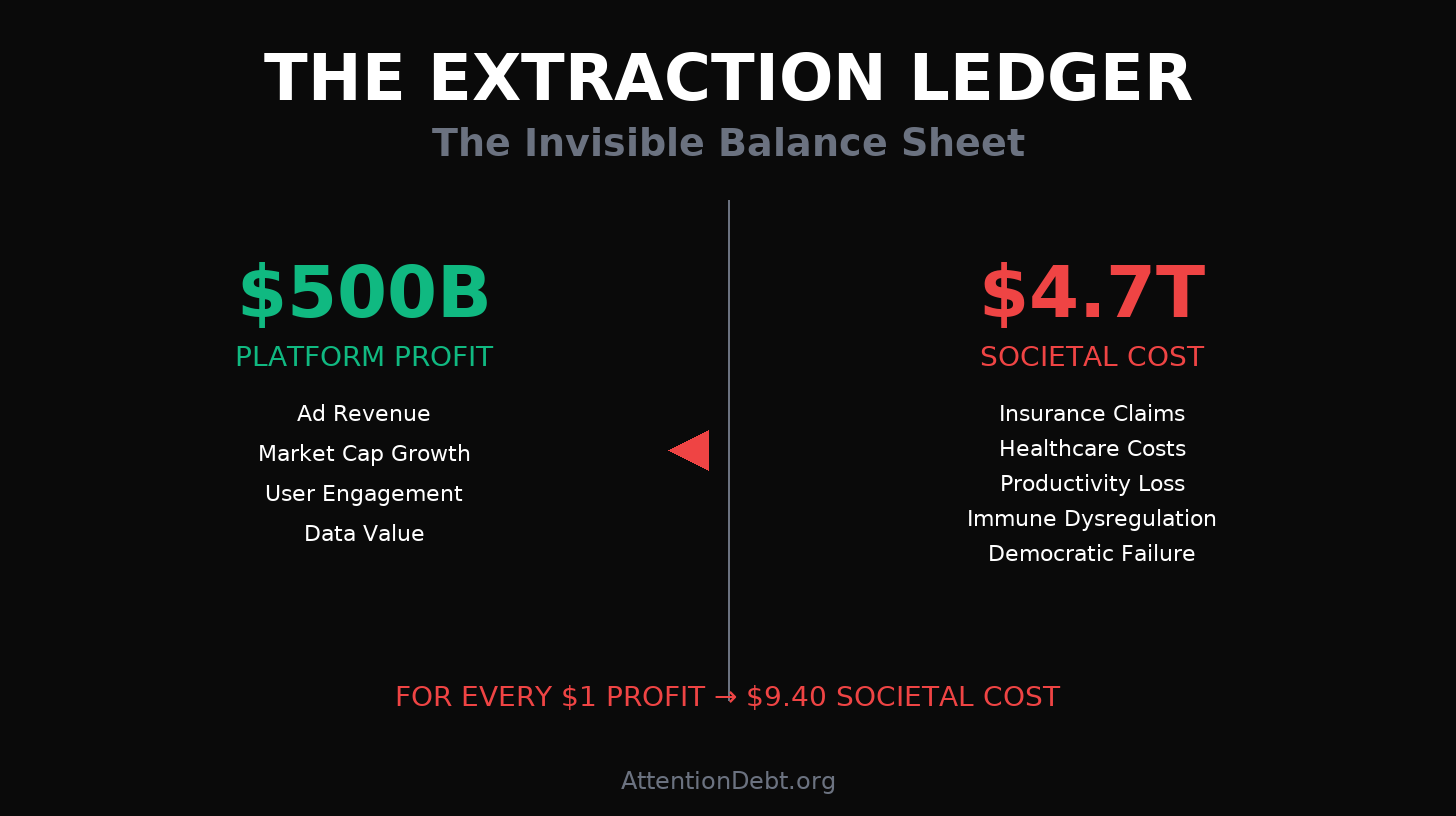 The Extraction Ledger showing $500B platform profit versus $4.7T societal cost from cognitive externalities