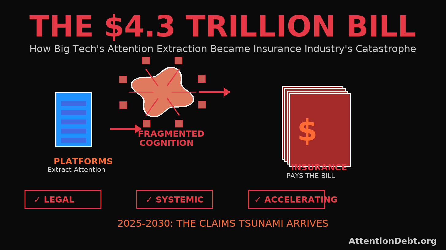 "Insurance industry $4.3 trillion liability from attention collapse - platforms extract attention, insurers pay claims visualization