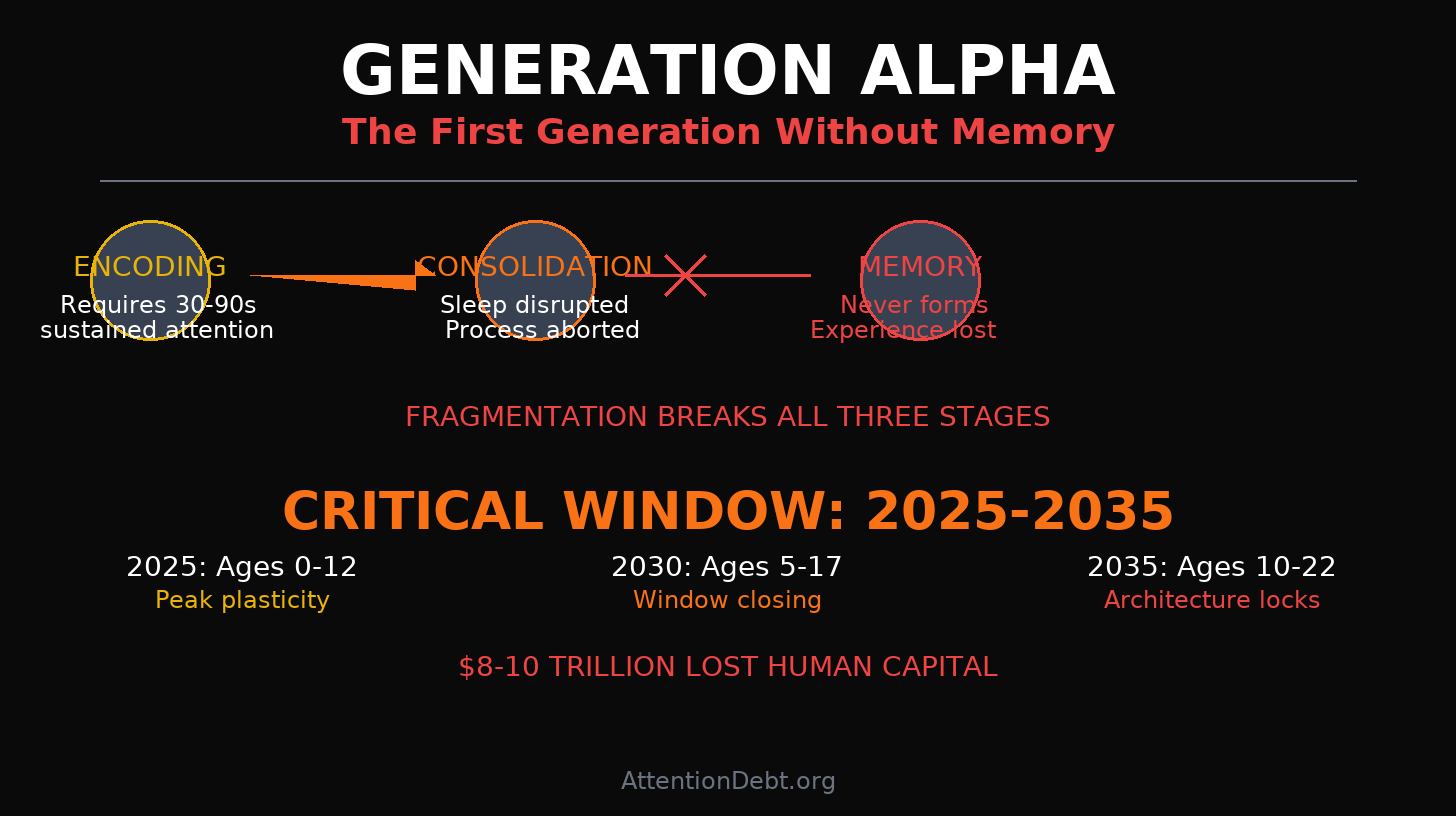 Generation Alpha memory formation failure showing three-stage process: encoding, consolidation, and memory formation all broken by attention fragmentation