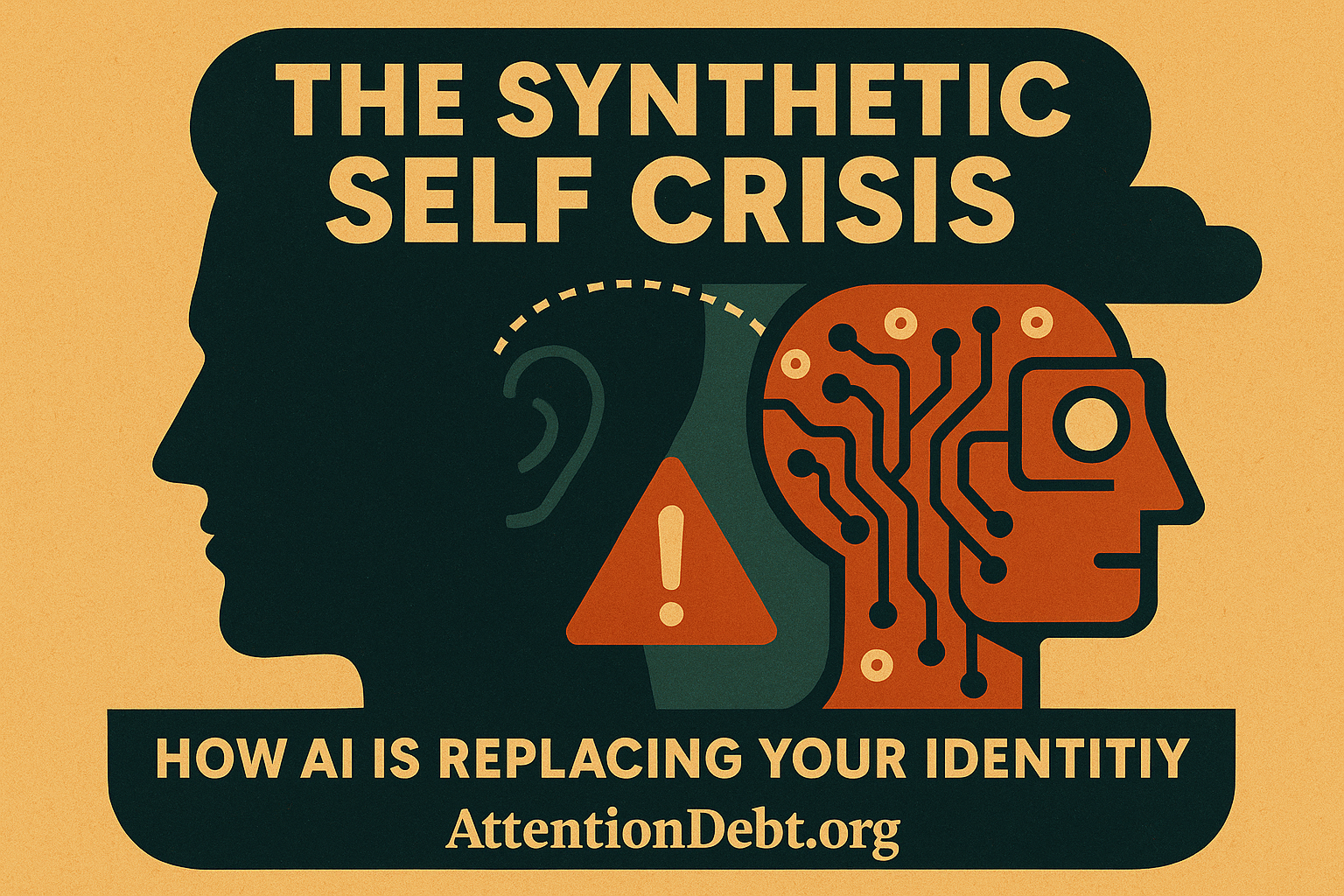 Synthetic Self Crisis illustration showing AI replacing human identity - digital twin becomes more authoritative than biological self through attention debt and platform ownership