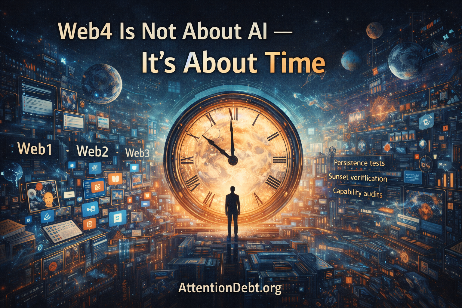 Lone figure facing massive clock representing Web4 temporal verification layer with Web1, Web2, Web3 infrastructure visible and terms "Persistence tests," "Sunset verification," "Capability audits" showing measurement infrastructure