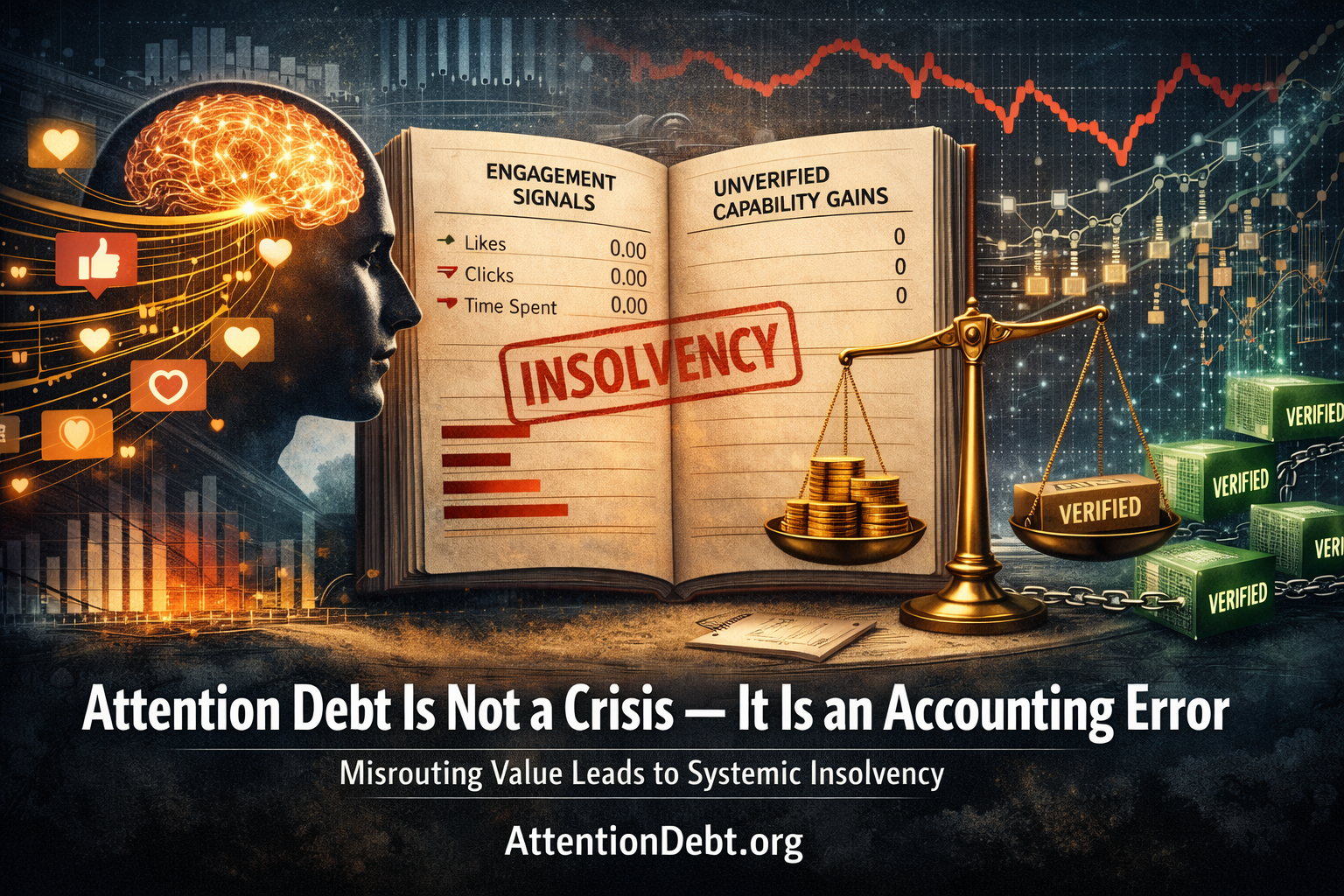 Visualization of attention debt as accounting error showing engagement signals versus unverified capability gains with insolvency stamp on ledger and verified contribution solution
