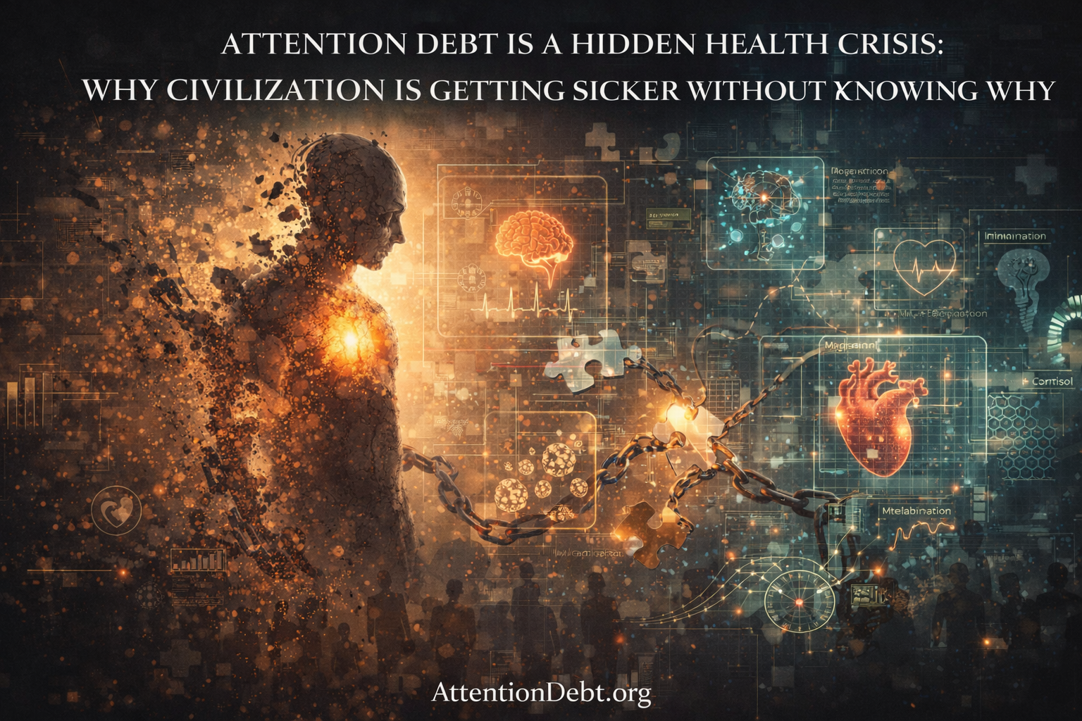 Visualization showing fragmented human figure on left representing cognitive breakdown from attention debt, transitioning to medical monitoring displays on right showing heart rate variability, brain inflammation markers, immune system dysregulation, metabolic stress indicators, and cortisol levels demonstrating how environmental fragmentation creates measurable biological health consequences