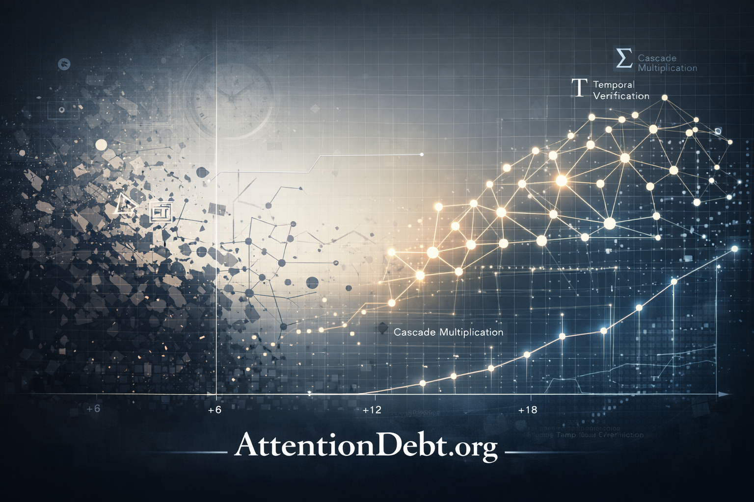 Visualization showing attention debt fragmenting cognitive infrastructure on left, transitioning through temporal verification to cascade multiplication network on right with exponential growth curve over 18 months