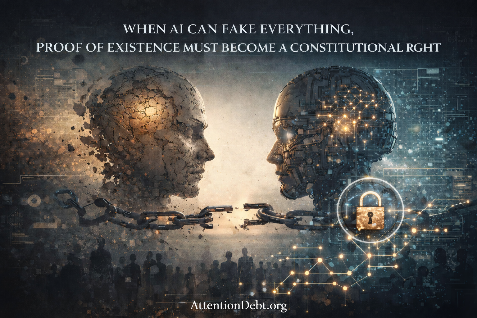 Double collapse visualization showing fragmenting human representing attention debt internal collapse on left, perfect digital human representing AI synthesis external collapse on right, broken causal chains between them, cryptographic verification shield protecting cascade network infrastructure below