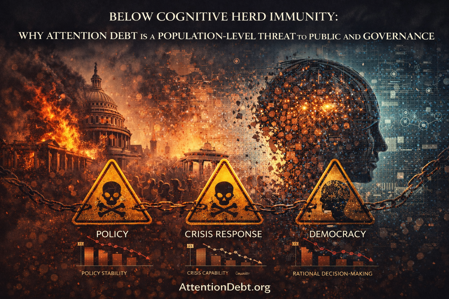 Visualization showing three hazard warning symbols representing governance functions threatened by population-level cognitive capacity degradation: policy stability, crisis response capability, and democratic rational decision-making, with declining threshold graphs below each symbol and fragmenting Capitol building transitioning to fragmenting human head demonstrating how environmental fragmentation creates below-threshold conditions