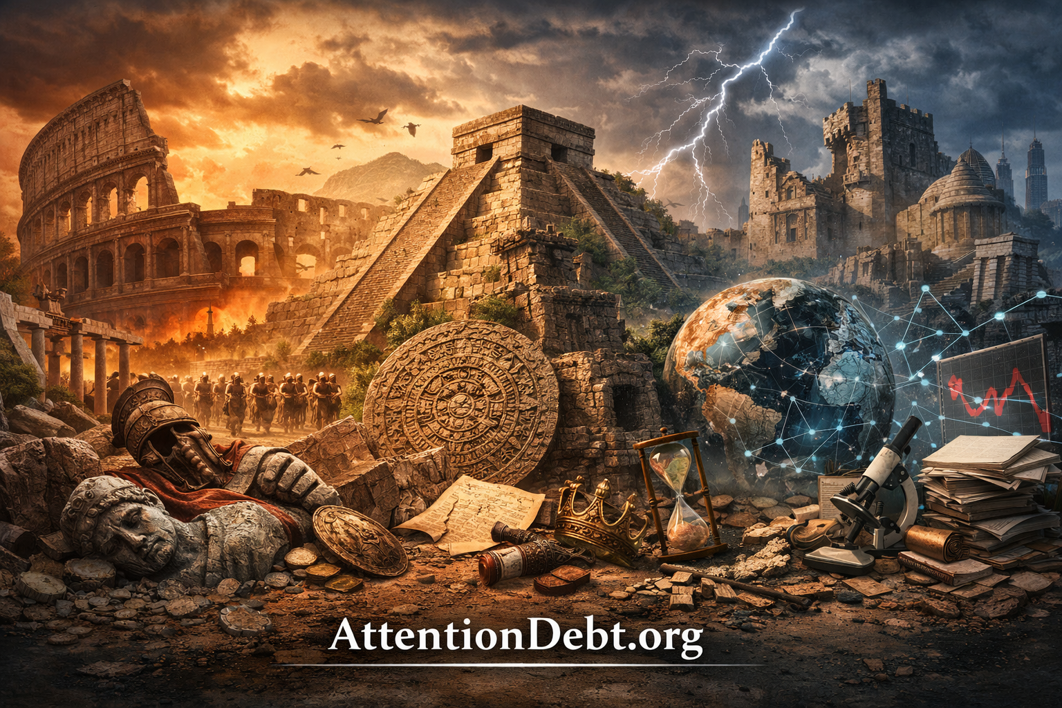 Historical visualization showing civilizational complexity ceiling pattern across Roman Colosseum administrative collapse, Mayan pyramid urban abandonment, and medieval governance fragmentation transitioning to modern networked world with declining capacity graph, demonstrating how societies collapse when operational complexity exceeds collective cognitive capacity to sustain coordination regardless of knowledge or resources available