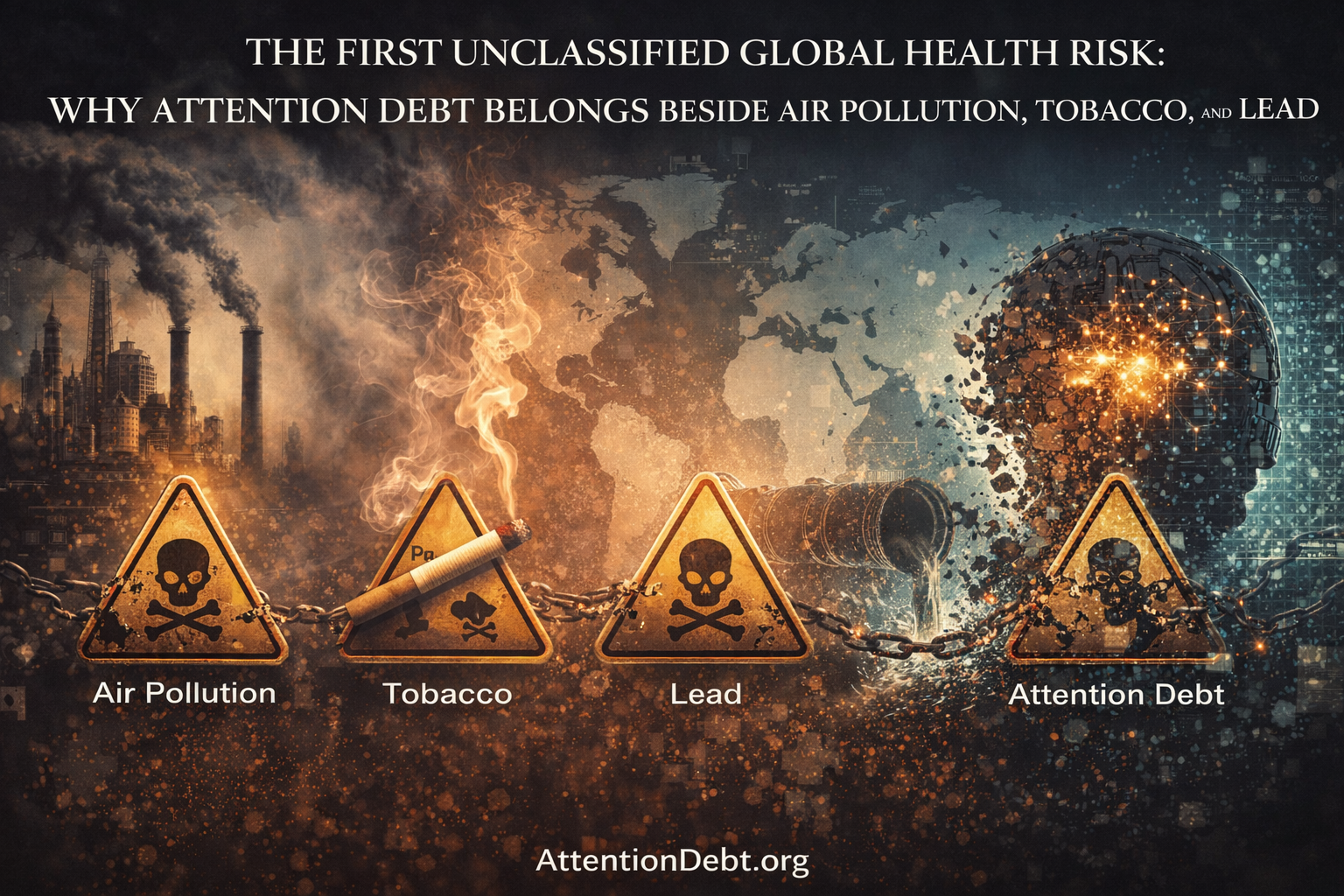 Four hazard warning symbols showing established WHO-classified global health risks (air pollution, tobacco, lead) alongside unclassified cognitive fragmentation risk attention debt, with world map background indicating population-scale environmental exposure requiring public health framework recognition